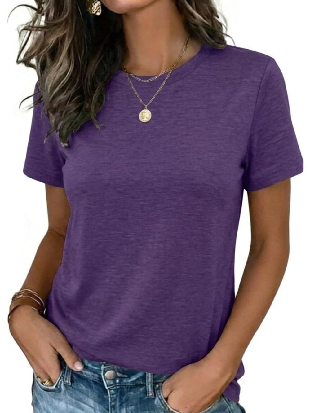 Women's Purple Short Sleeve Crew neck Casual Basic Imported Tee Shirts